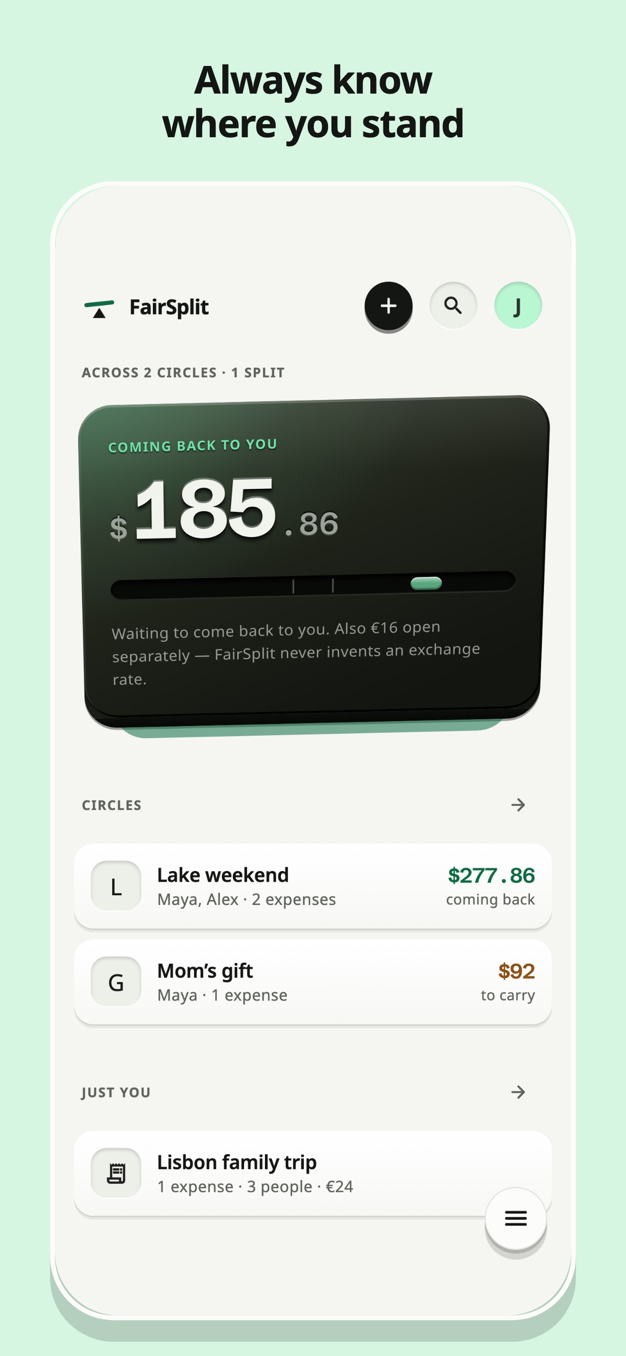 FairSplit Today screen showing balances and quick actions