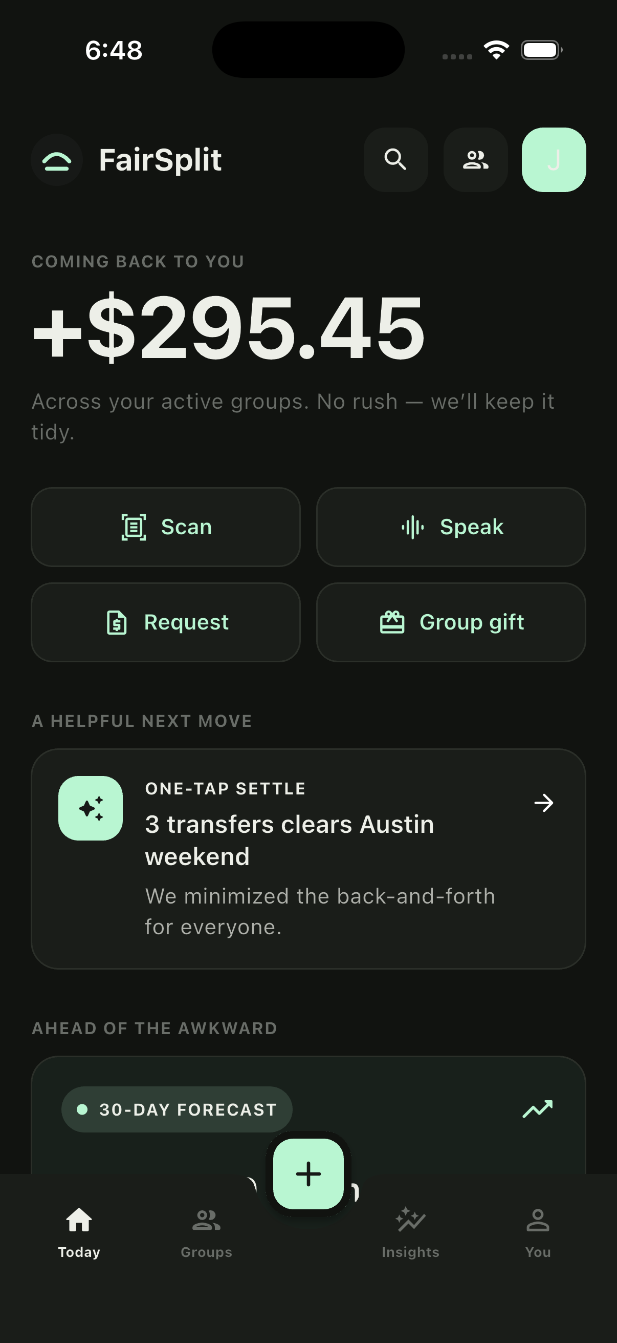 FairSplit Today screen showing balances and quick actions